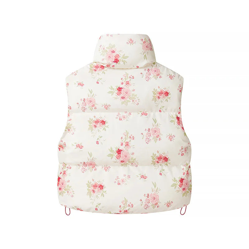 Damen nan gesteppte Weste mit floralem Allover-Print, hohem Stehkragen und verstellbarem Saum Drune