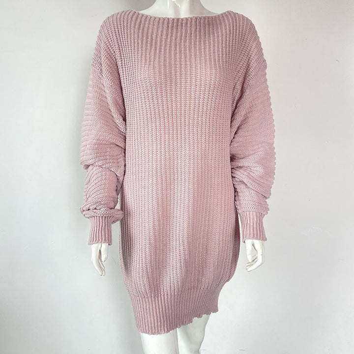 Damen Oversized Grobstrick-Kleid mit U-Boot-Ausschnitt und Ballonärmeln Drune