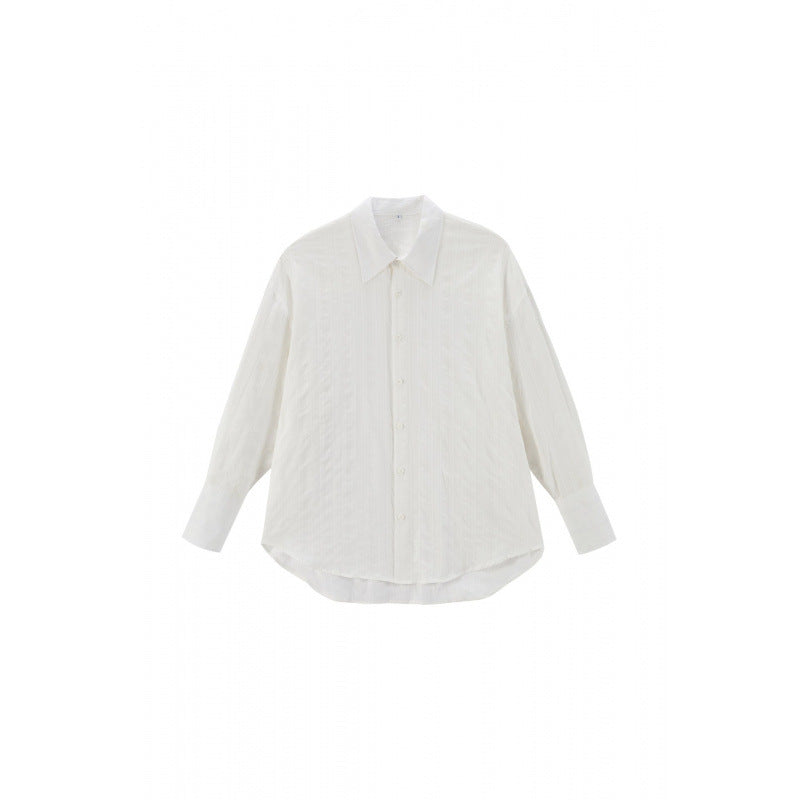 Unisex Oversize Leinenmix‑Hemd mit Strukturstreifen, Kentkragen und gerundetem Saum Drune