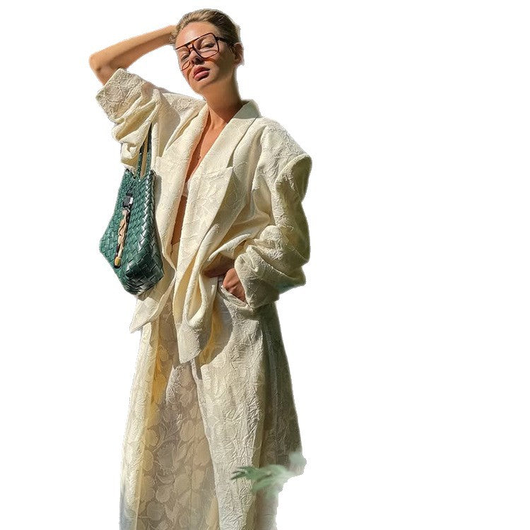Damen Zweiteiliges Jacquard-Hosen-Set mit Oversize-Boxy-Blazer und hochgeschnittener Palazzo-Hose Drune