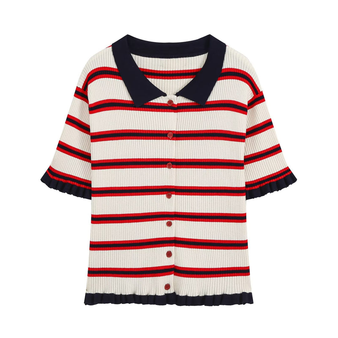 Damen Kurzarm-Rippenstrick-Cardigan mit Polokragen, Knopfleiste und Rüschensaum Drune