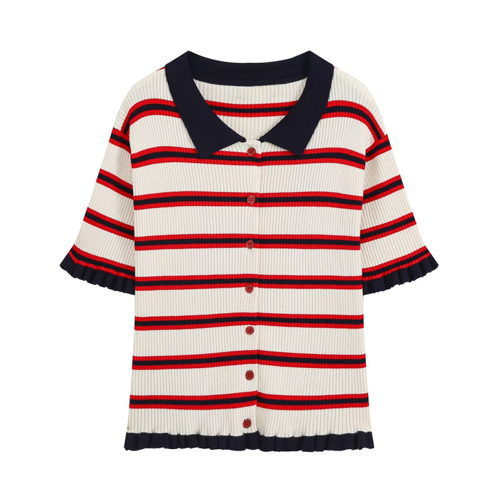 Damen Kurzarm-Rippenstrick-Cardigan mit Polokragen, Knopfleiste und Rüschensaum Drune