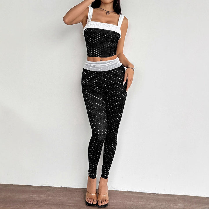 Damen Zweiteiliges Set mit gepunktetem Top und passender Hose Drune