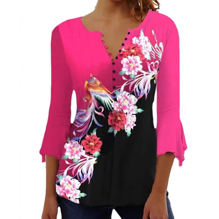 Damen nan V-Ausschnitt Tunika-Bluse mit floralem Vogelmuster, dreiviertel-Volantärmeln und figurumspielendem Saum Drune