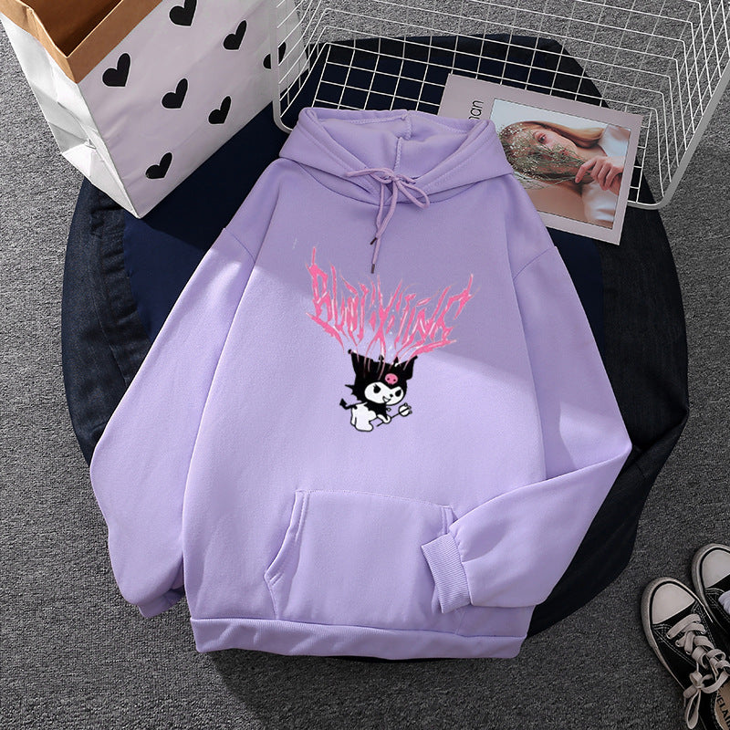 Damen nan lockeres Kapuzensweatshirt aus angerautem Fleece mit Kängurutasche und kawaii-Charakter-Print Drune