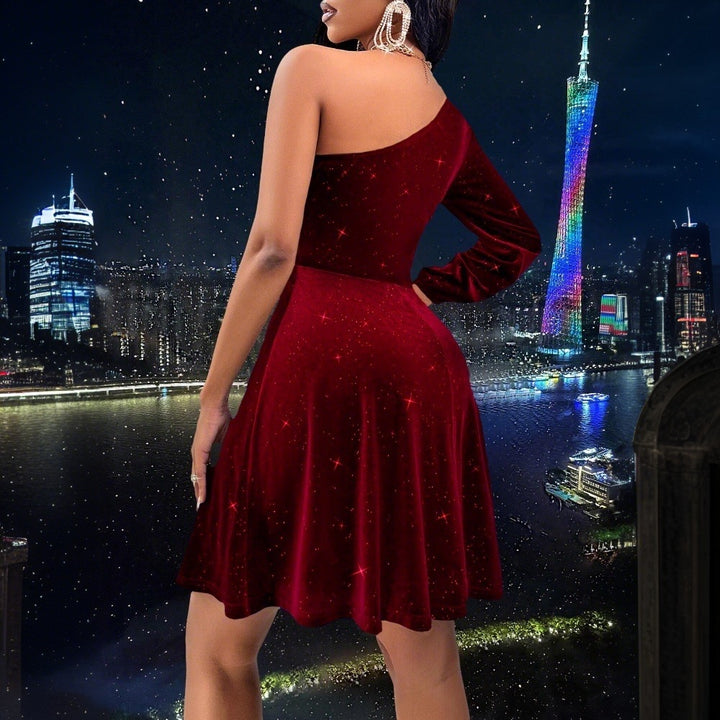 Damen elegantes A-Linien Kleid mit einem schulterfreien Design und glitzernden Akzenten Drune