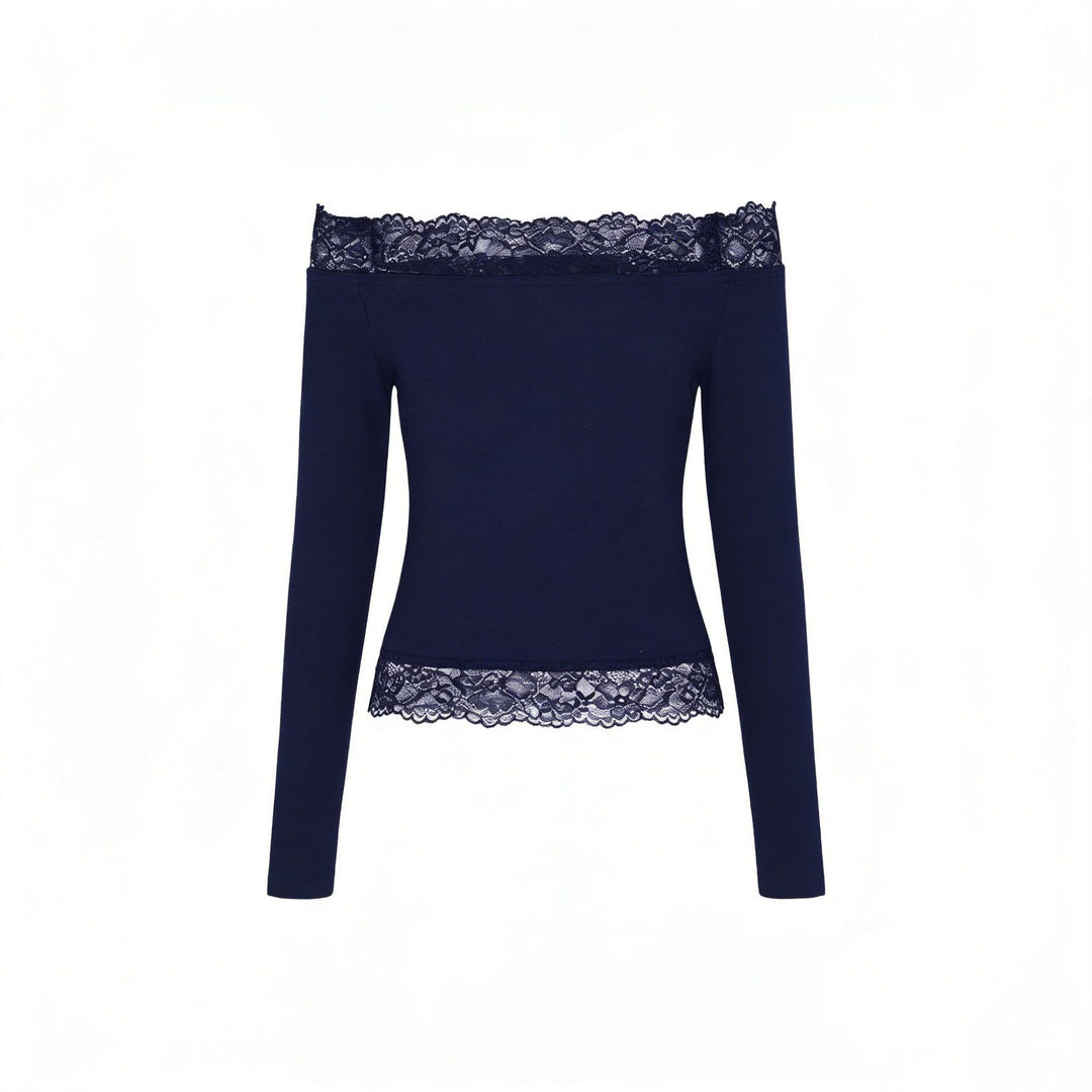 Damen elegantes Off-Shoulder Shirt mit Spitzenbesatz Drune