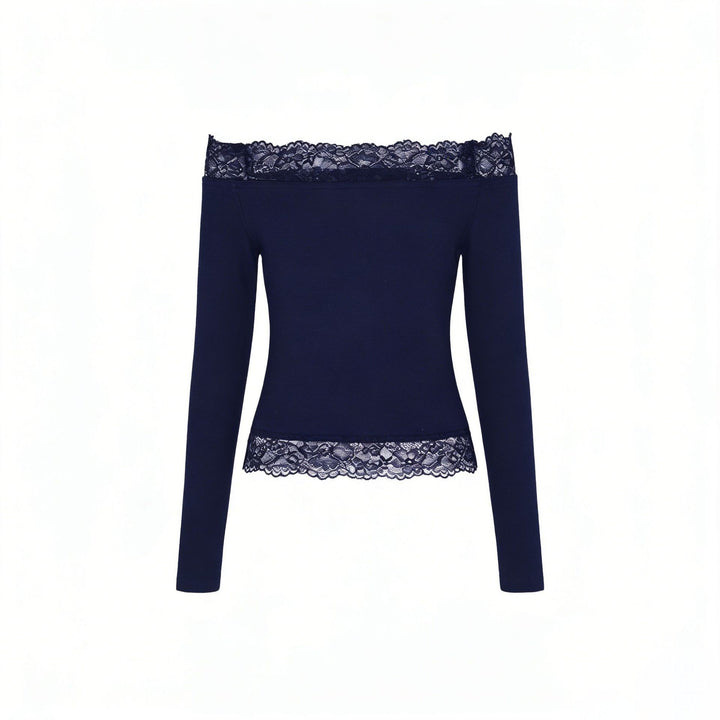 Damen elegantes Off-Shoulder Shirt mit Spitzenbesatz Drune