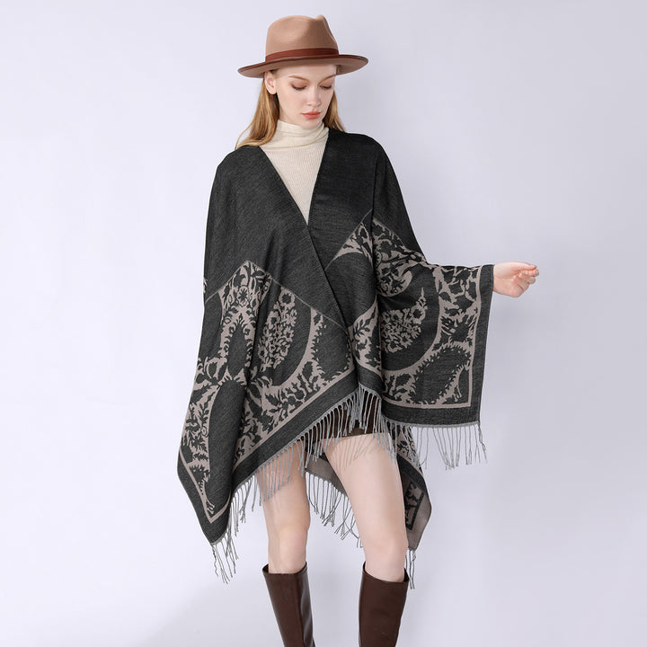 Damen Oversize-Umhangponcho mit floralen Medaillon-Jacquard und Fransensaum Drune