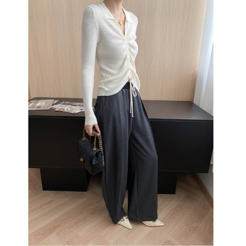 Damen figurbetontes Rippenshirt mit Schnürdetails Drune