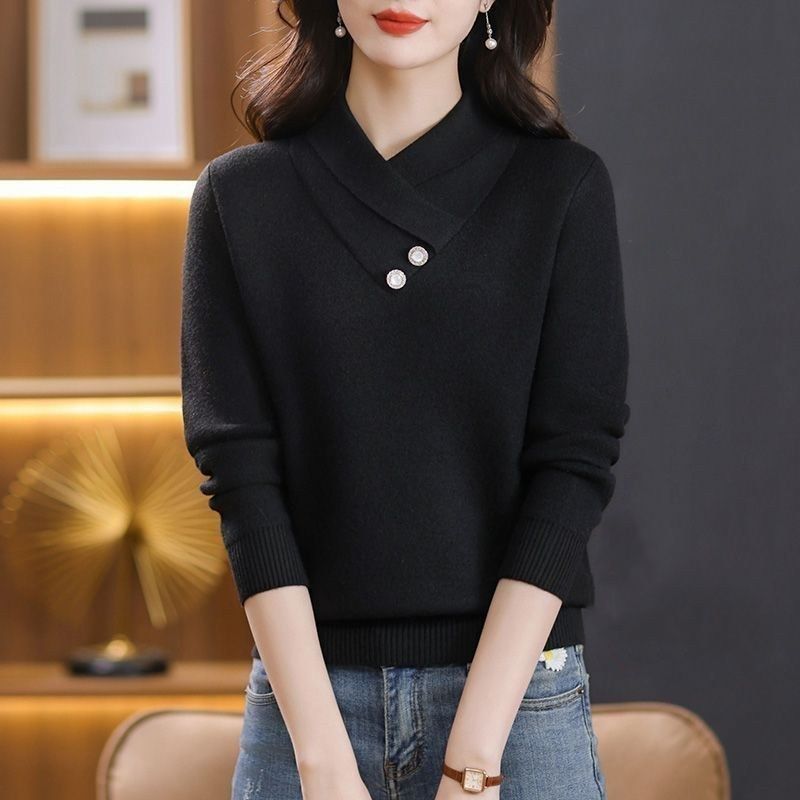 Damen eleganter Strickpullover mit schickem V-Ausschnitt und dekorativen Knopfdetails Drune