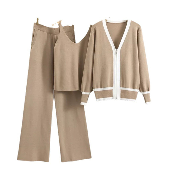 Damen lässiges Strick-Loungewear-Set mit hochwertigem Zip-Cardigan und Weitbein-Hosen Drune
