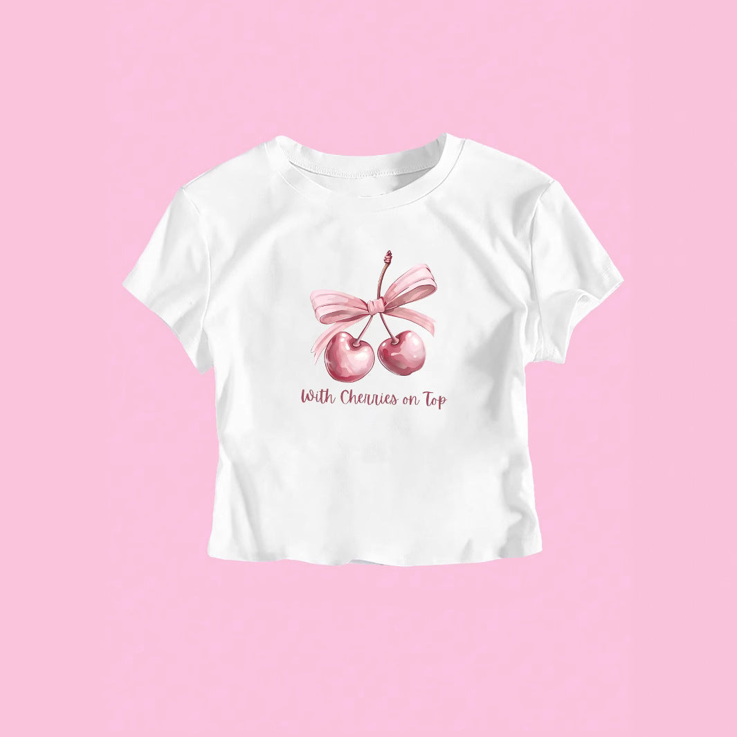 Damen Kurzarm Crop-T-Shirt mit fröhlichem Kirschmotiv und Schleifenapplikation Drune