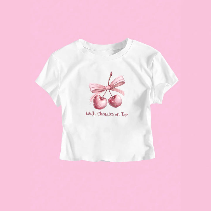 Damen Kurzarm Crop-T-Shirt mit fröhlichem Kirschmotiv und Schleifenapplikation Drune