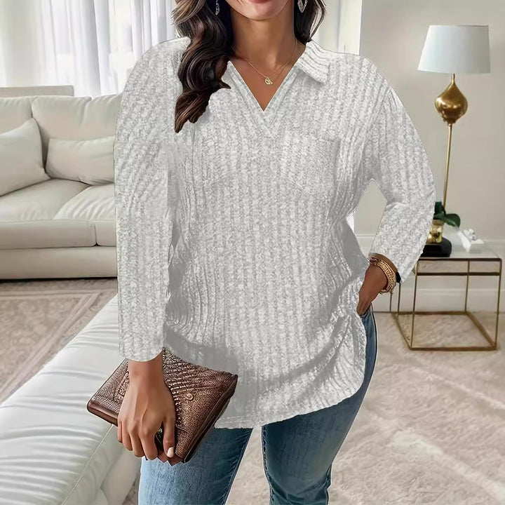 Damen Gerippter V-Ausschnitt Pullover mit Hemdkragen und lockerer Tunika-Silhouette Drune