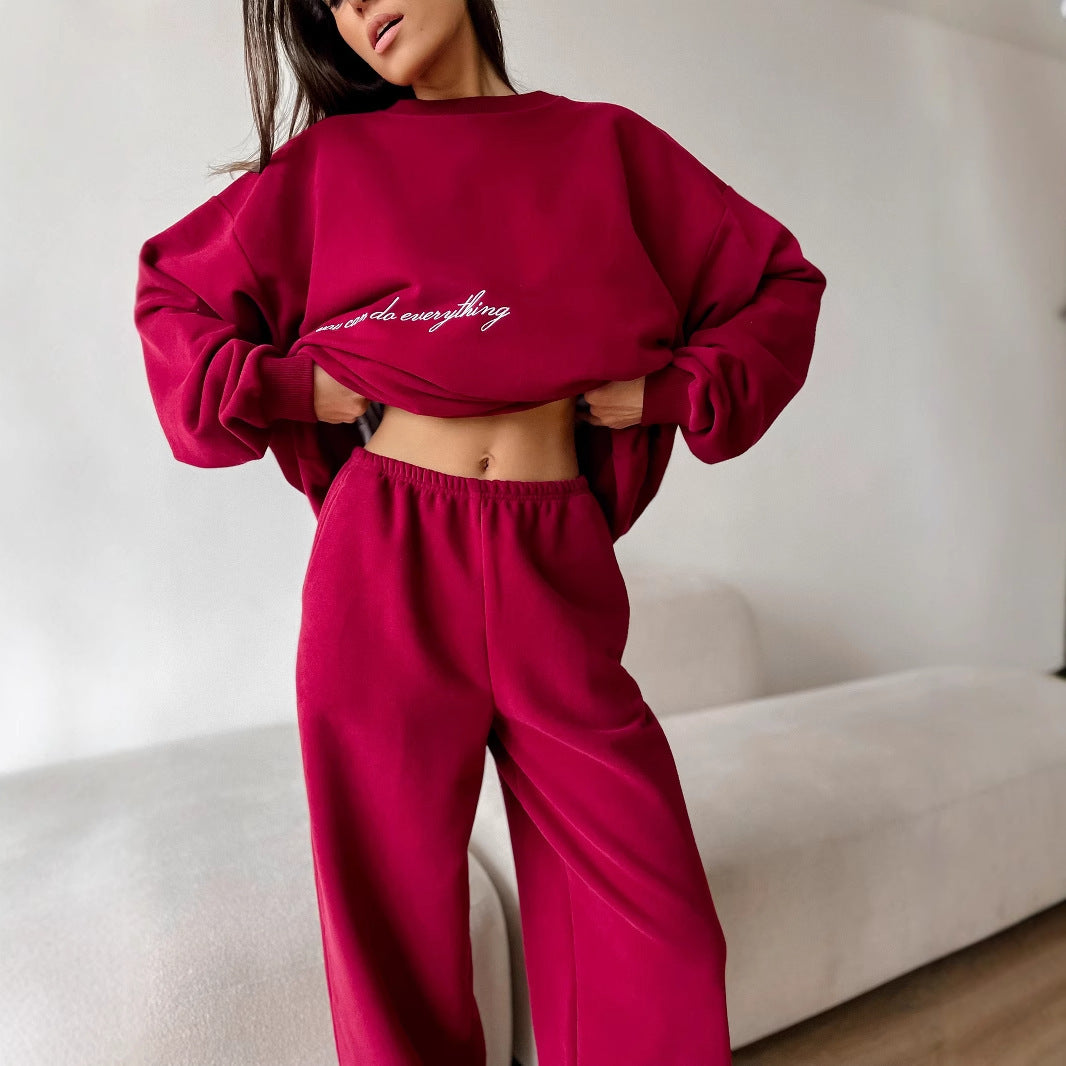 Damen lässiges Lounge-Set aus French-Terry mit oversized Cropped-Sweatshirt und hoher Taillen-Jogginghose Drune