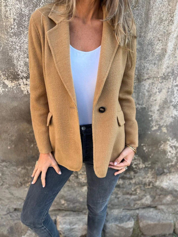 Damen taillierter Bouclé-Blazer mit fallendem Revers und Ein-Knopf-Detail Drune