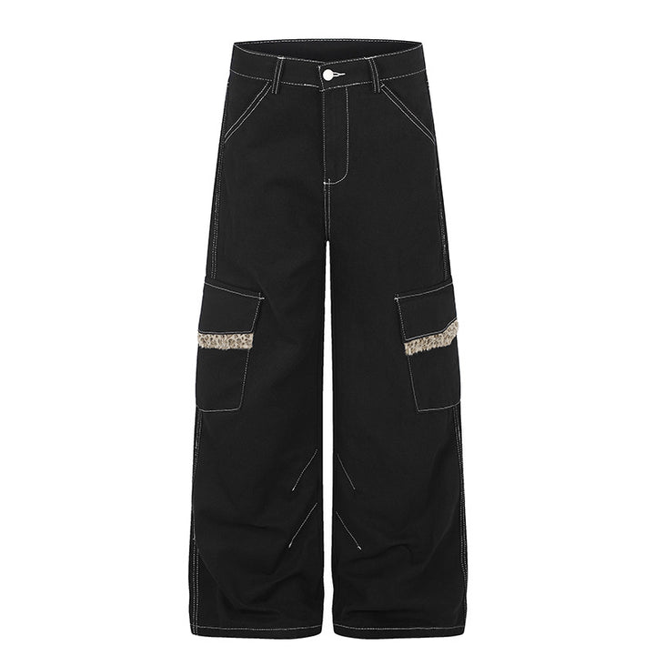 Damen Weite Cargo-Hose mit hoher Taille, großen Klappentaschen und Fellbesatz Drune