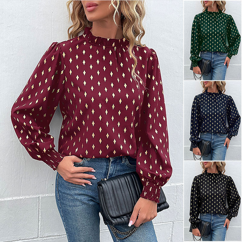 Damen Elegante Chiffonbluse mit Rauten-Print, gerafftem Stehkragen und Ballonärmeln Drune