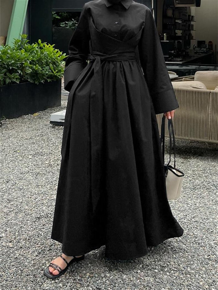 Damen Maxikleid im Hemdblusenstil mit Taillenwickel, weitem Tellerrock und breiten Manschetten Drune
