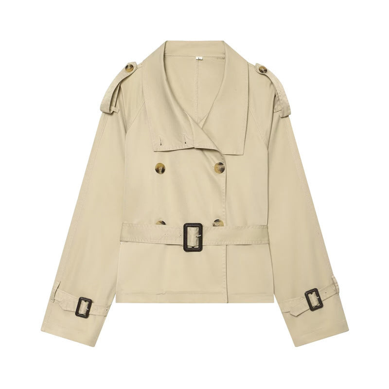 Damen Kurzer Boxy-Trench mit Doppelreiher, Taillengürtel und Schulterklappen Drune