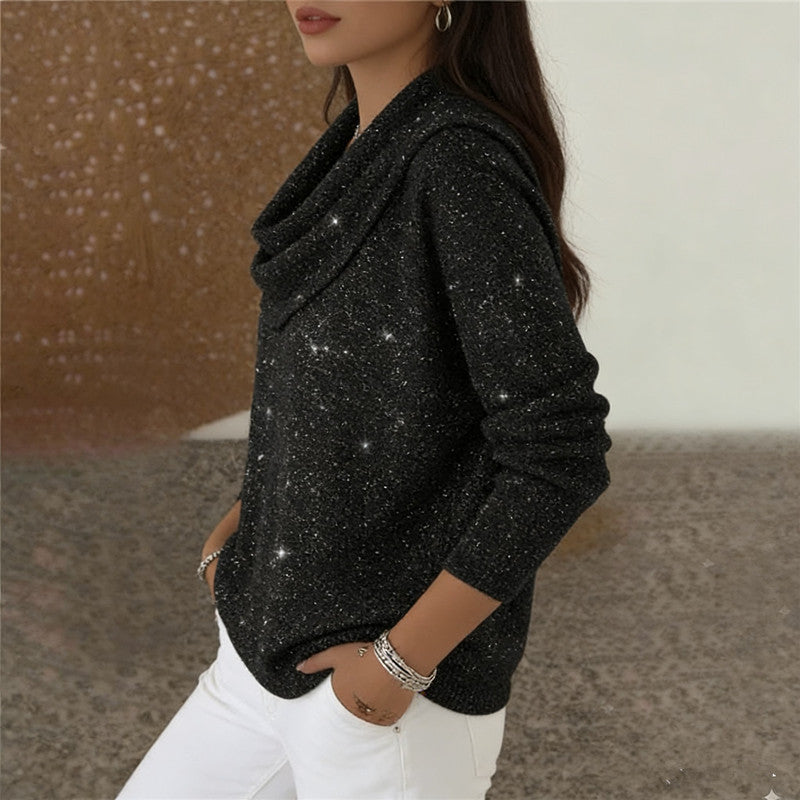 Damen nan fein gestrickter Pullover mit Wasserfallkragen und geripptem Saum Drune