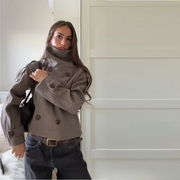 Damen Kurzer Cape-ähnlicher Wollmix-Peacoat mit hohem Funnelkragen und Raglanärmeln Drune