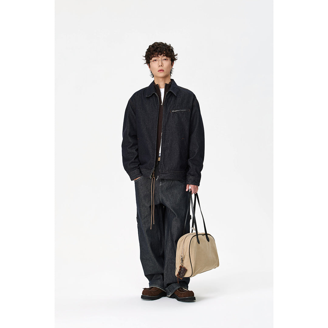 Herren Locker geschnittene Denim-Worker-Jacke mit verdecktem Reißverschluss und schräger Brusttasche Drune