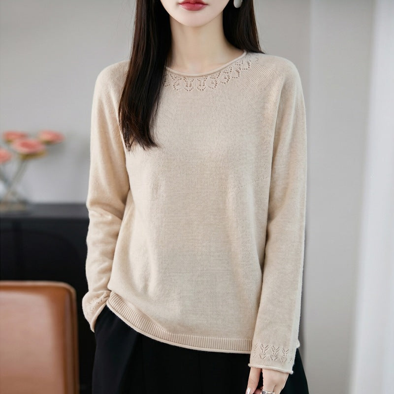 Damen Leichter Feinstrick-Rundhalspullover mit Ajourspitzen‑Detail und legerer Silhouette Drune