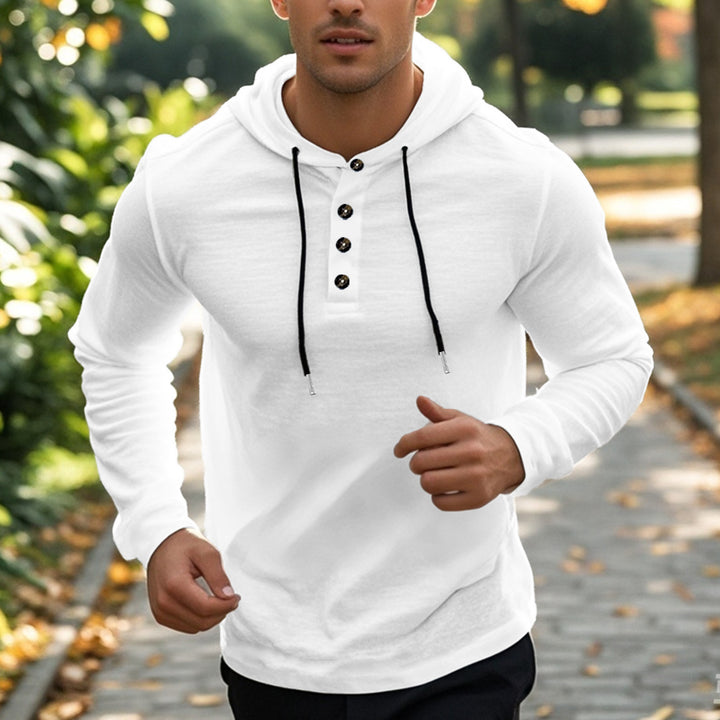 Herren nan lässiger Kapuzenpullover im Henley‑Stil mit Knopfleiste und verstellbarem Kordelzug Drune