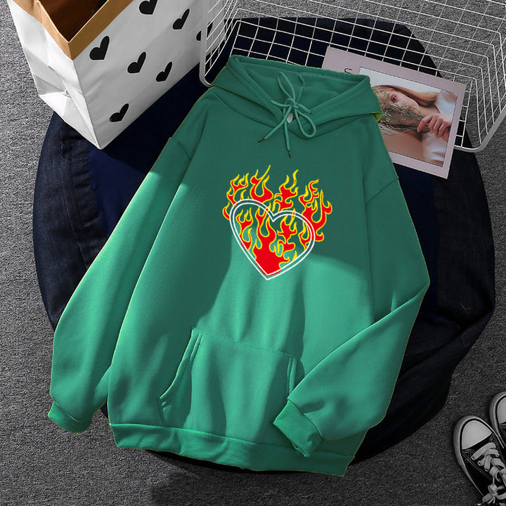 Damen nan leichter Oversize Kapuzenpullover mit Herz‑EKG‑Motiv, langen Kordeln und elastischem Bund Drune