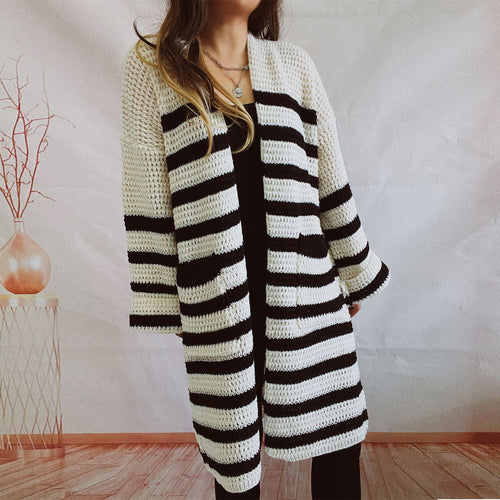 Damen lässige Strickjacke mit modernem Streifenmuster und weiten Ärmeln Drune