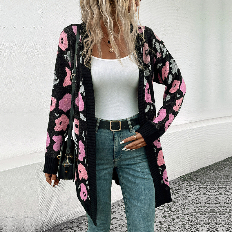 Damen Langer Strickcardigan mit Oversize-Schnitt, Animal-Jacquard und gerippten Bündchen Drune