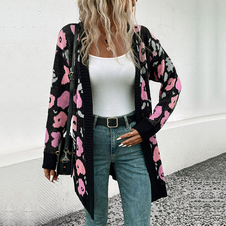 Damen Langer Strickcardigan mit Oversize-Schnitt, Animal-Jacquard und gerippten Bündchen Drune