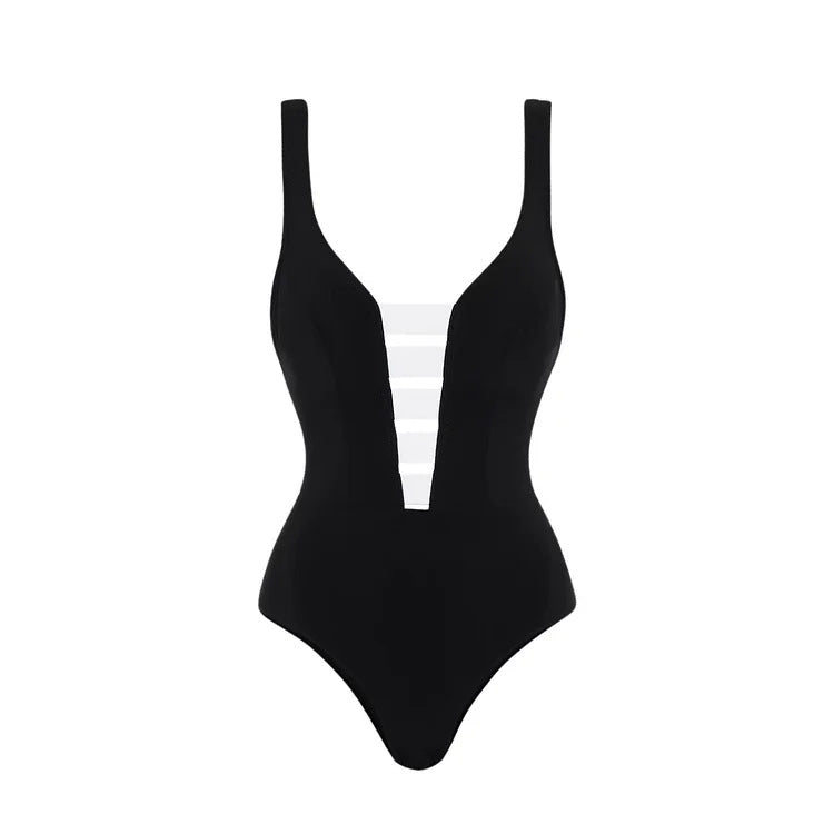 Damen eleganter Einteiler mit raffiniertem Transparentstreifen und voluminösem Maxi-Rock Drune