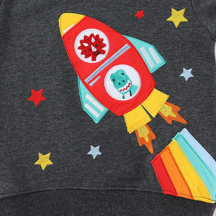 Kinder Sweatshirt mit kreativem Raketen- und Tierdesign Drune