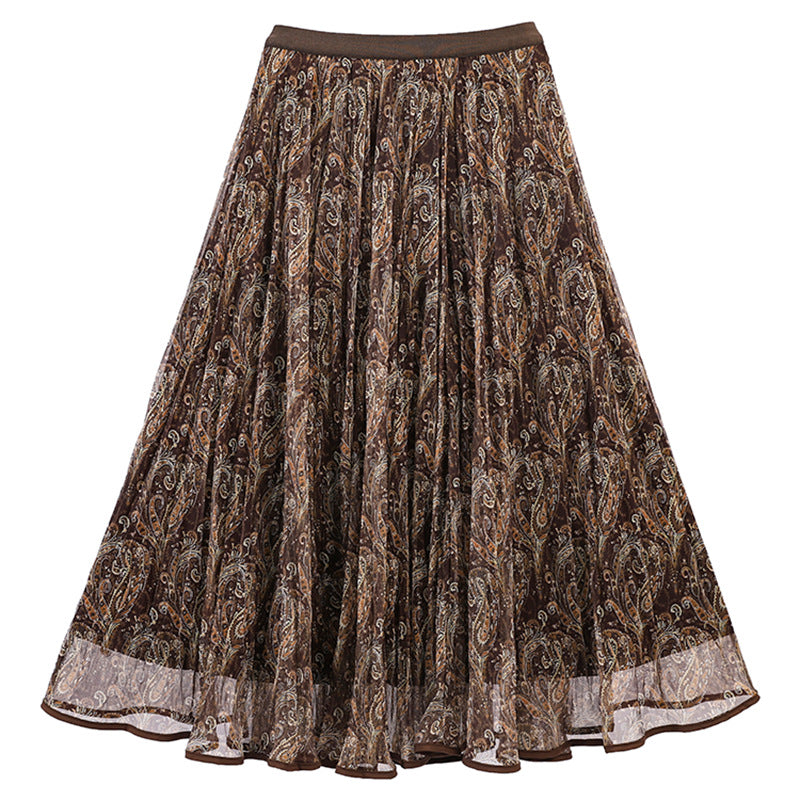 Damen nan voluminöser Chiffon-Tellerrock im Paisley-Motiv mit elastischem Taillenbund Drune