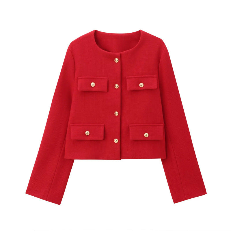 Damen Modische Kurzjacke mit dekorativen Knöpfen und praktischen Taschen Drune