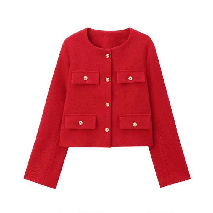 Damen Modische Kurzjacke mit dekorativen Knöpfen und praktischen Taschen Drune