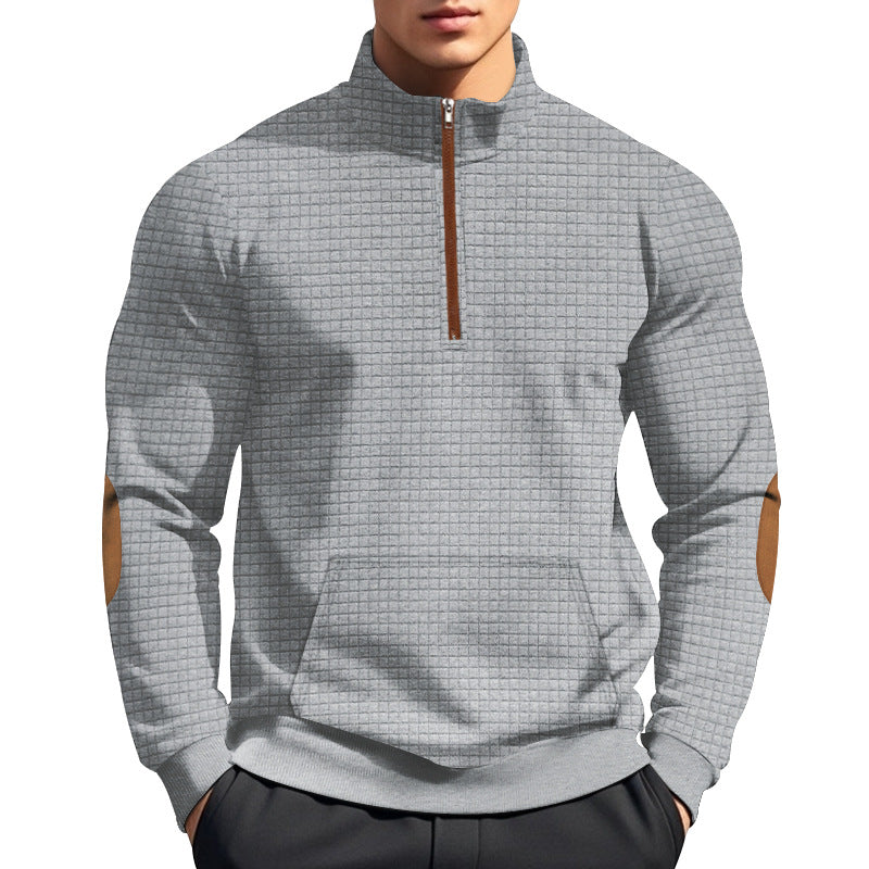 Herren nan gestepptes Halfzip-Sweatshirt mit Stehkragen, Kängurutasche und Kunstleder-Ellenbogenpatches Drune