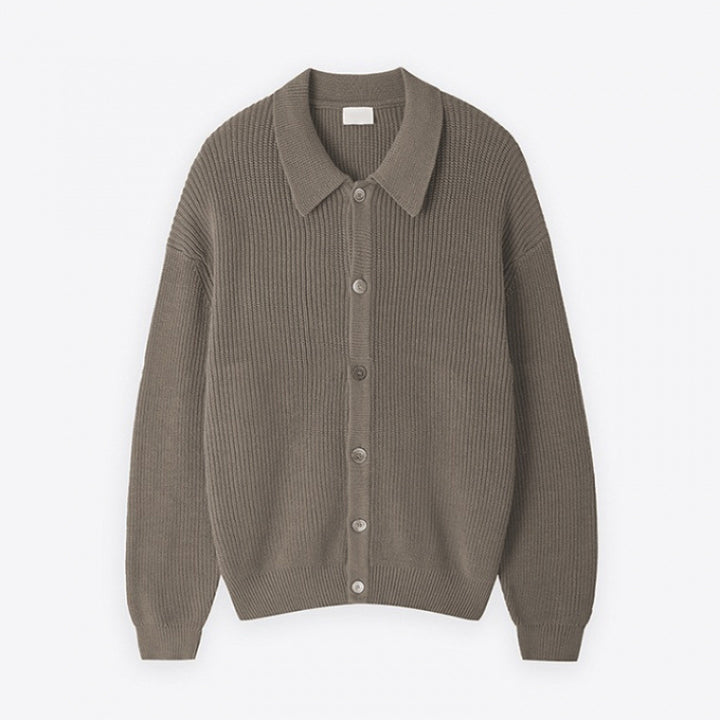 Unisex Grobgerippte Strickjacke mit Hemdkragen und durchgehender Knopfleiste Drune