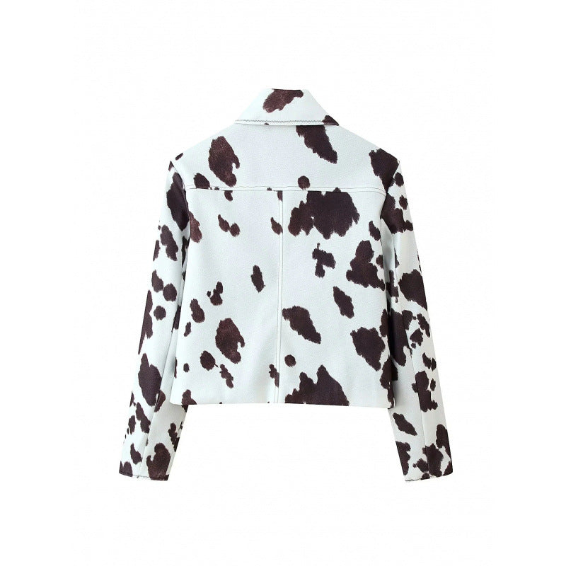 Damen Kunstlederjacke mit modernem Kuhfleckenmuster Drune