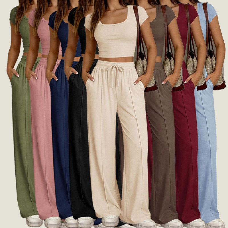 Damen lässiges Cropped-Top und weite Hose Set Drune