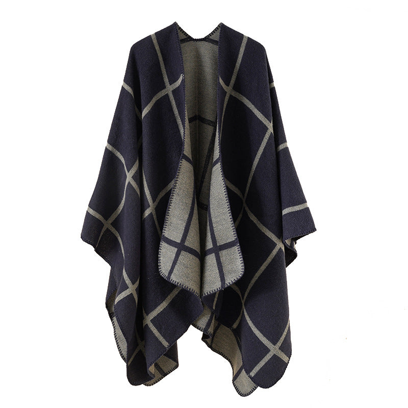 Damen Reversibler Oversize-Umhang mit großem Karomuster und offener Front Drune