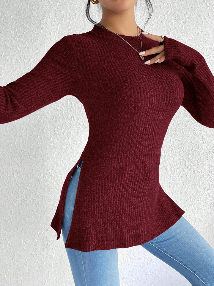Damen Gerippter Taillierter Feinstrick-Pullover mit Stehkragen, langen Ärmeln und Seitenschlitzen Drune