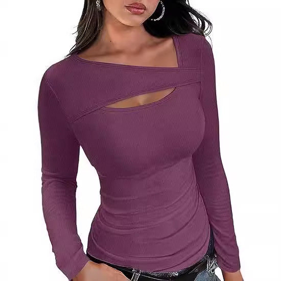 Damen Geripptes Langarmshirt mit asymmetrischem Carmenausschnitt und Brust-Cut-Out Drune