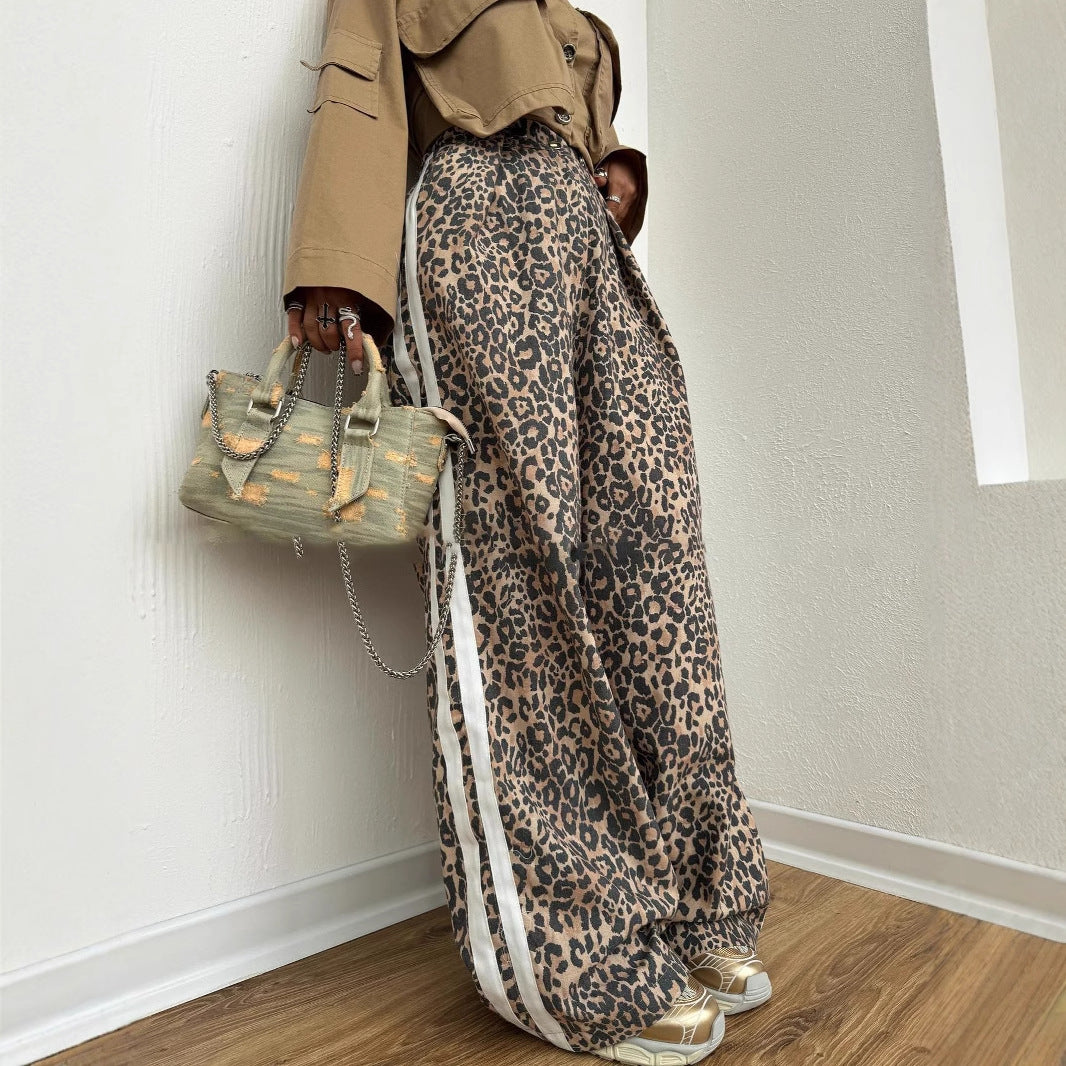 Damen weite Leoparden-Trackpants mit elastischem Bund und seitlichen Kontraststreifen Drune