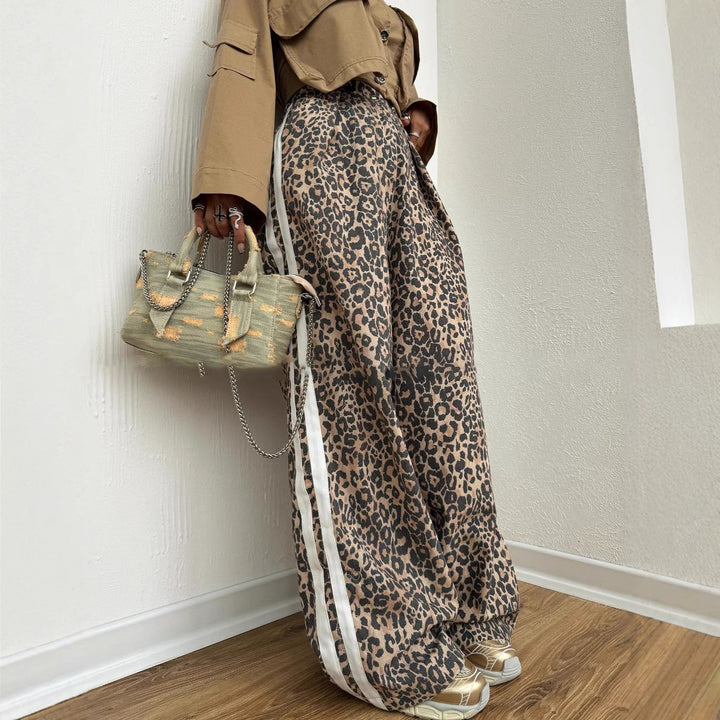 Damen weite Leoparden-Trackpants mit elastischem Bund und seitlichen Kontraststreifen Drune