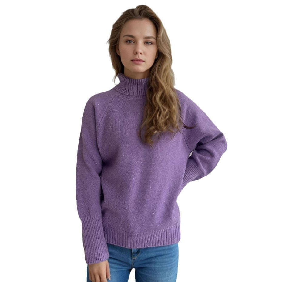 Damen eleganter Rollkragenpullover mit strukturiertem Strickdesign und glitzernden Akzenten Drune