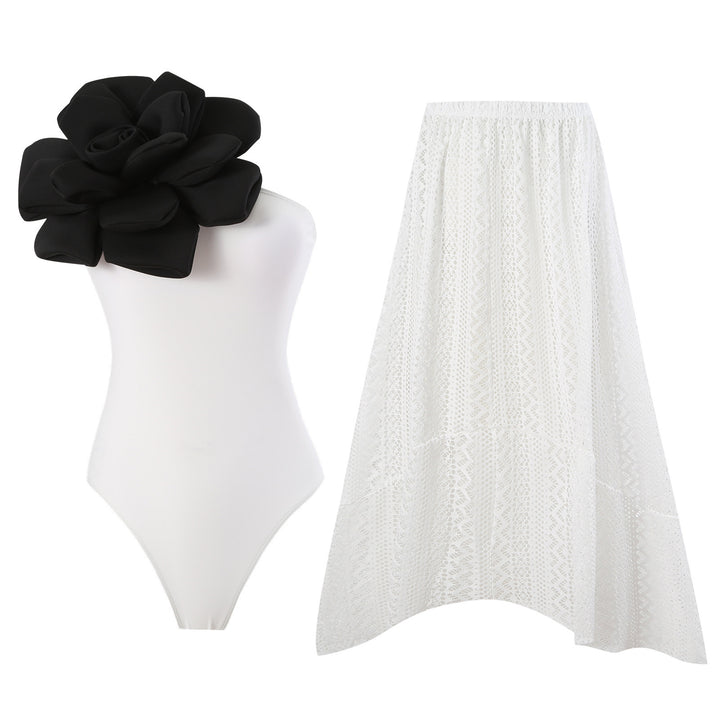 Damen Eleganter Badeanzug mit großem Blumen-Detail und transparentem Überrock Drune